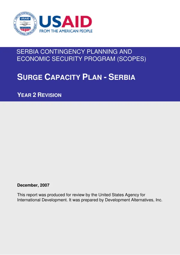 Serbia contingency planning and economic security program (SCOPES) : surge capacity plan - Serbia, year 2 revision