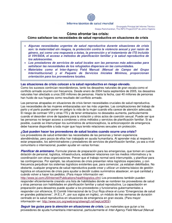 Como afrontar las crisis : como satisfacer las necesidades de salud reproductiva en situaciones de crisis