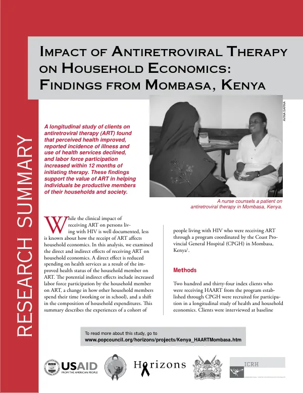 Impact of antiretroviral therapy on household economics : findings from Mombasa, Kenya