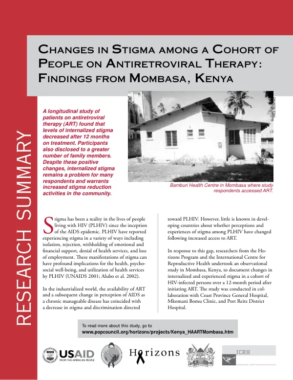 Changes in stigma among a cohort of people on antiretroviral therapy : findings from Mombasa, Kenya