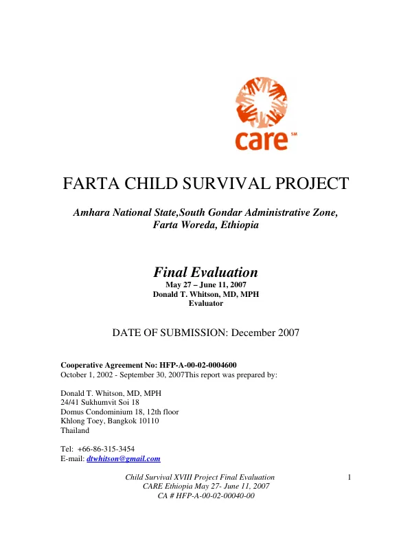 Farta child survival project, Amhara National State, South Gondar Administrative Zone, Farta Woreda, Ethiopia : final evaluation