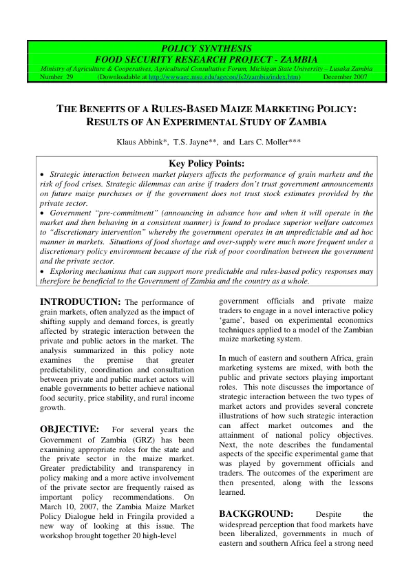 The benefits of a rules-based maize marketing policy : results of an experimental study in Zambia