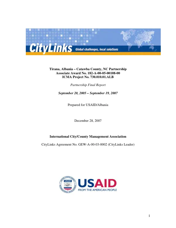 Tirana, Albania-Catawba County, NC partnership : associate award no. 182-A-00-05-00108-00 -- partnership final report, September 20, 2005-September 19, 2007