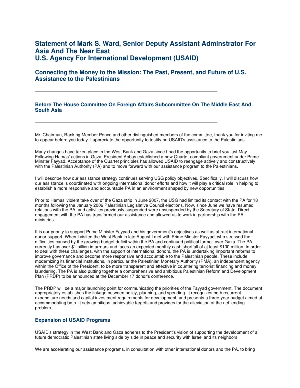 Connecting the money to the mission : the past, present, and future of U.S. assistance to the Palestinians