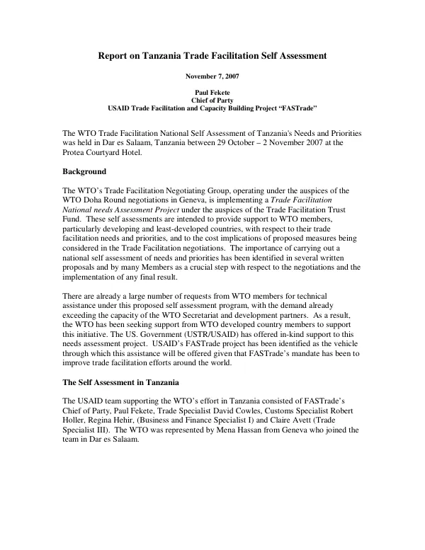 Report on Tanzania trade facilitation self assessment