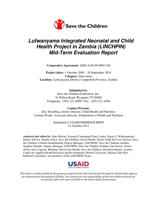 Lufwanyama integrated neonatal and child health project in Zambia (LINCHPIN) : mid-term evaluation report