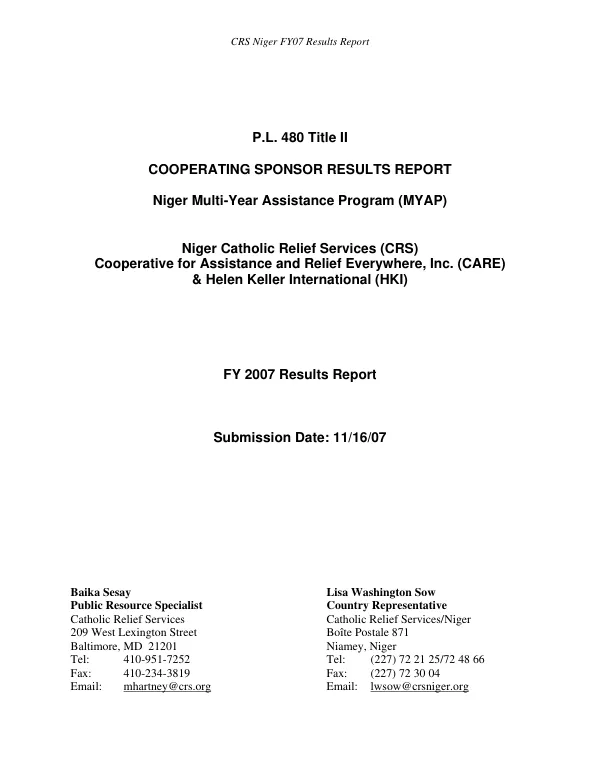 P.L. 480 Title II cooperating sponsor results report : Niger multi-year assistance program (MYAP) : FY 2007 results report