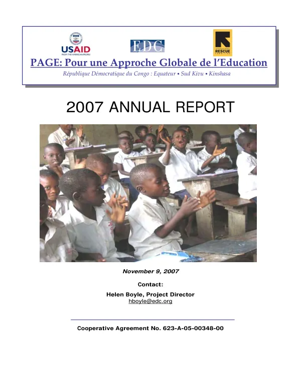 PAGE : pour une approche globale de l"education : Republique Democratique du Congo -- Equateur, Sud Kivu, Kinshasa : 2007 annual report