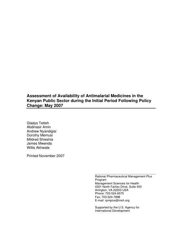 Assessment of availablilty of antimalarial medicines in the Kenyan public sector during the initial period following policy change, May 2007