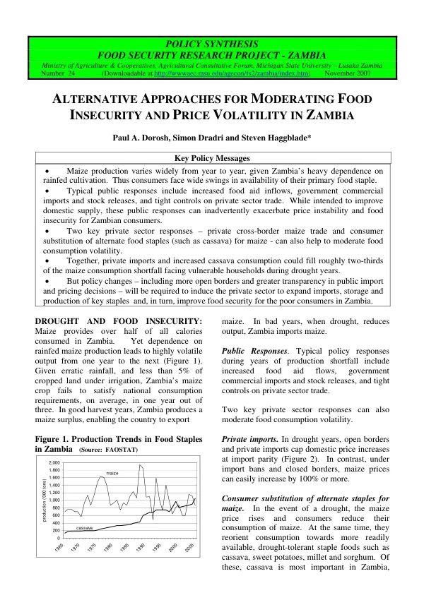 Alternative approaches for moderating food insecurity and price volatility in Zambia