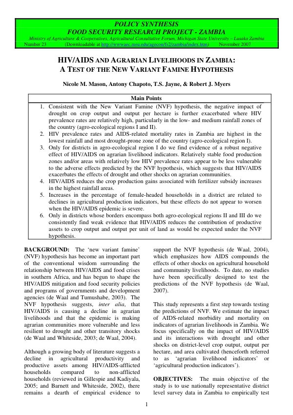HIV/AIDS and agrarian livelihoods in Zambia : a test of the new variant famine hypothesis