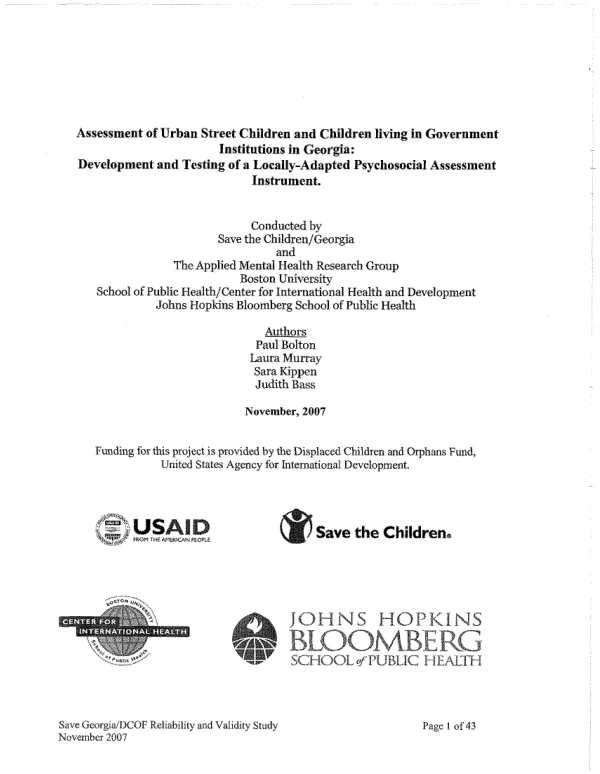 Assessment of urban street children and children living in government institutions in Georgia : development and testing of a locally-adapted psychosocial assessment instrument