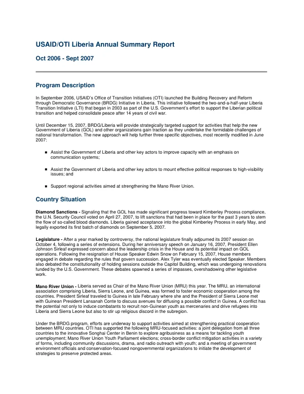 USAID/OTI Liberia annual summary report, Oct 2006-Sept 2007