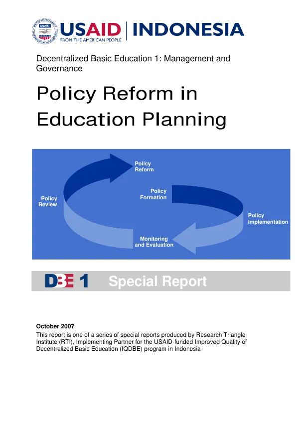 More effective decentralized education management and governance (DBE1) : policy reform in education planning