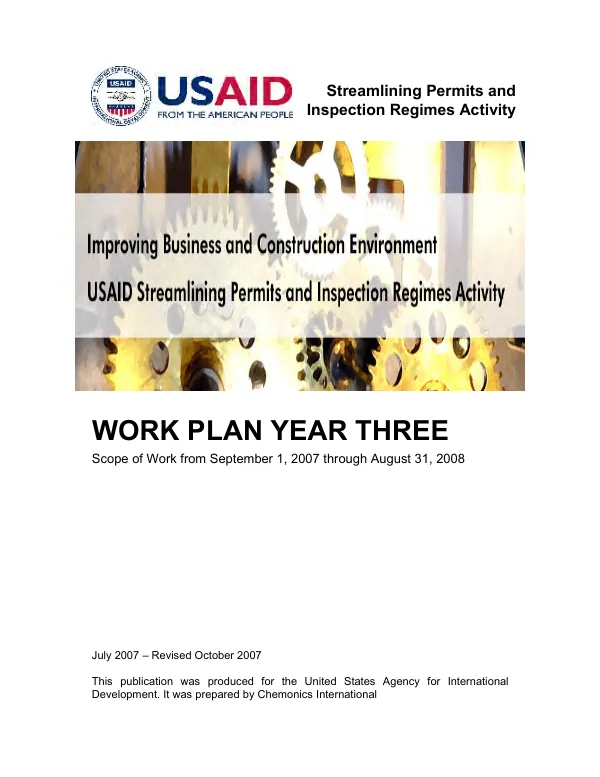 Streamlining permit and inspection regimes activity (SPIRA) : work plan year three -- scope of work from September 1, 2007 to August 31, 2008