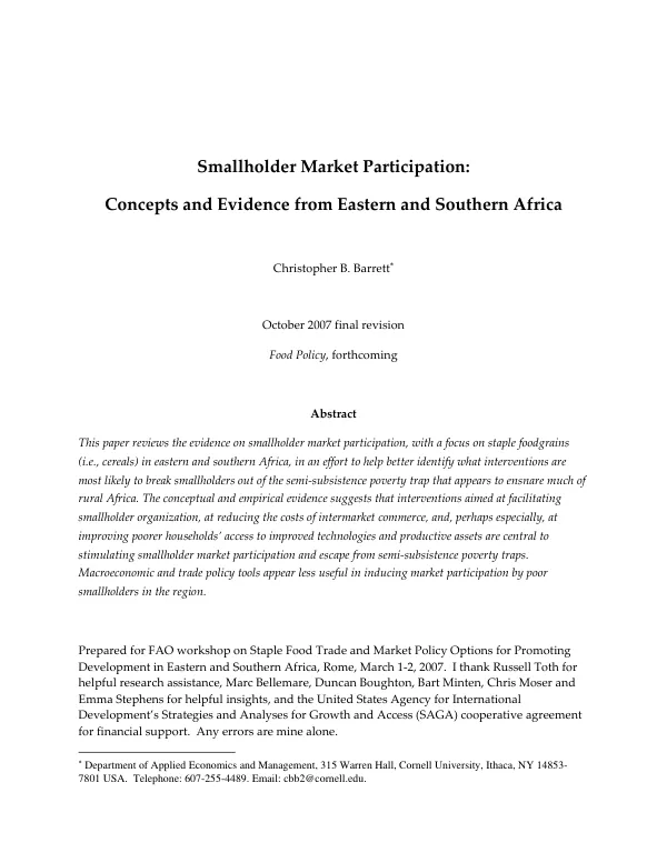 Smallholder market participation : concepts and evidence from Eastern and Southern Africa