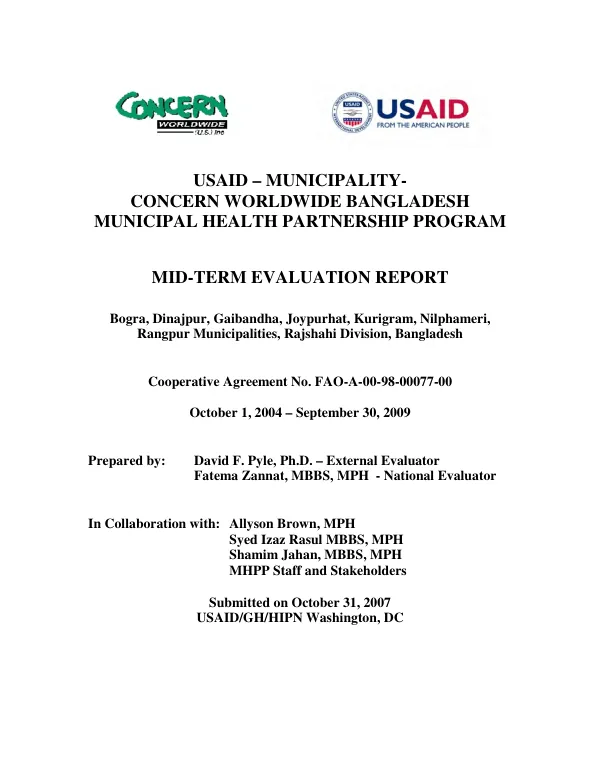 USAID - Municipality - Concern Worldwide Bangladesh municipal health partnership program : mid-term evaluation report -- Bogra, Dinajpur, Gailbandha, Joypurhat, Kurigram, Niphameri, Rangpur Municipalities, Rajshahi Division, Bangladesh