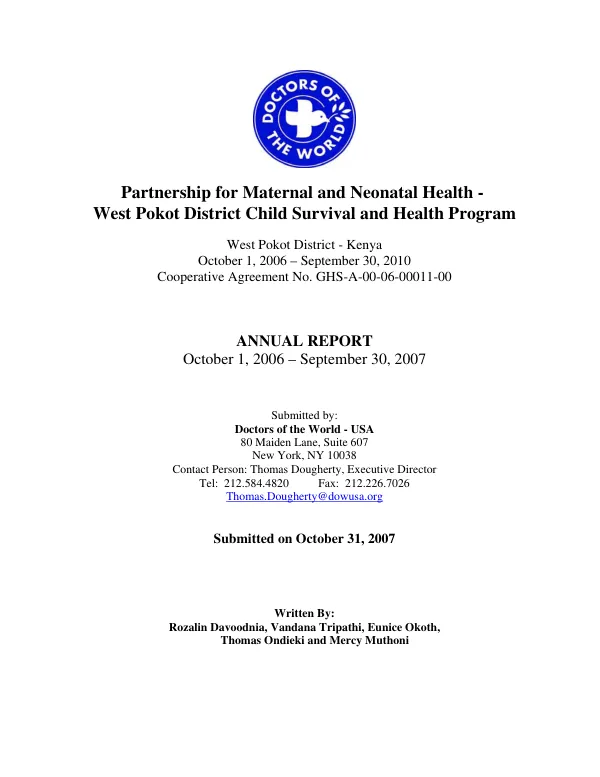 Partnership for maternal and neonatal health - West Pokot District child survival and health program : annual report, October 1, 2006-September 30, 2007