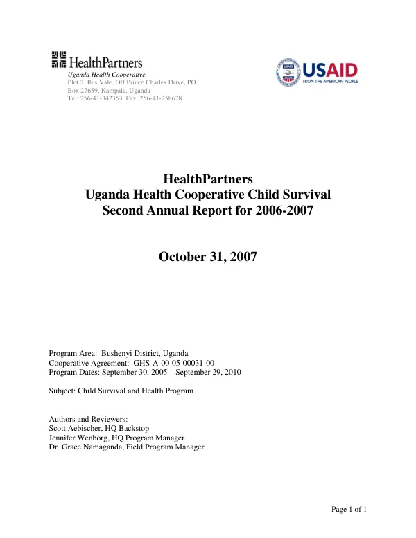 HealthPartners Uganda health cooperative child survival second annual report for 2006-2007