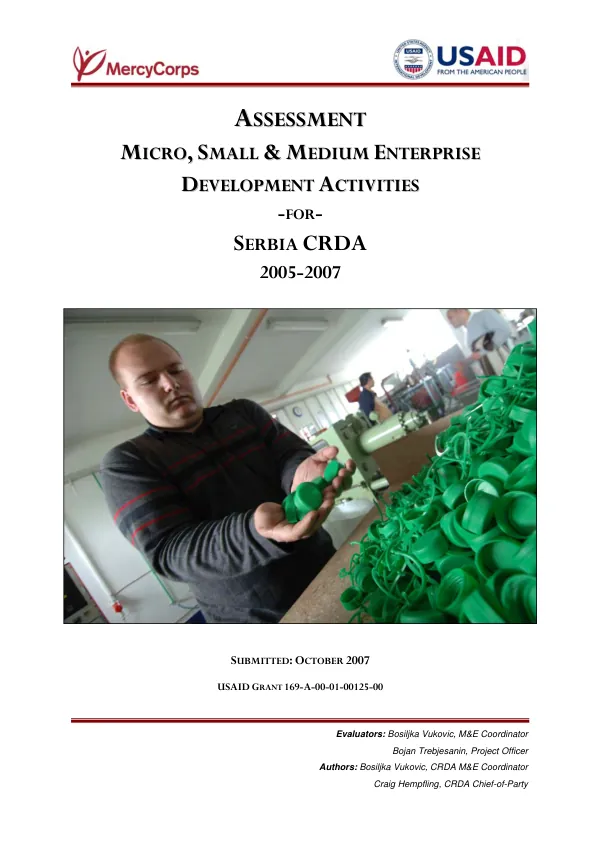 Assessment : micro, small & medium enterprise development activities for Serbia CRDA 2005-2007
