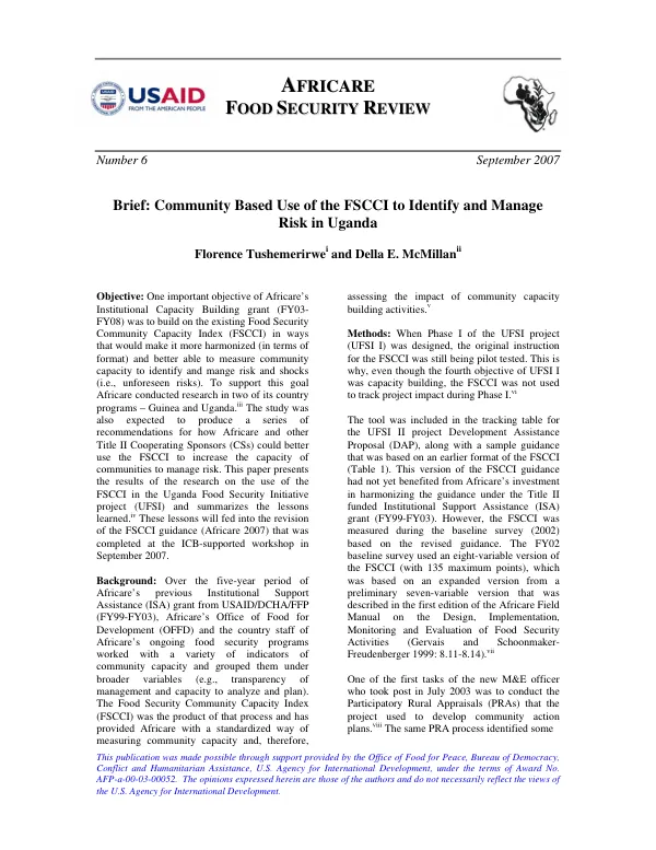 Brief : community based use of the FSCCI to identify and manage risk in Uganda