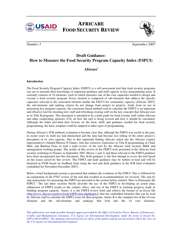 Draft guidance : how to measure the food security program capacity index (FSPCI)