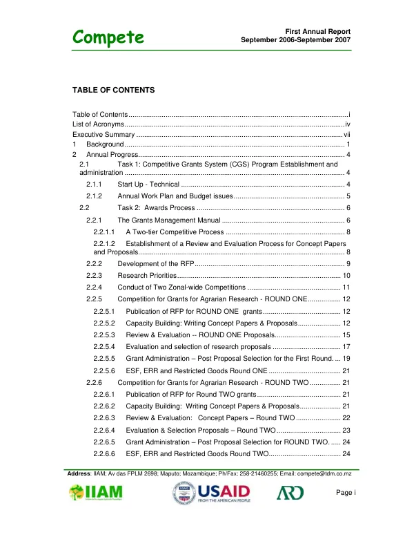 First annual report : September 2006-September 2007 -- [Mozambique agriculture research competitive grants activity] (Compete)