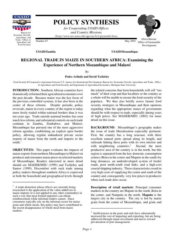 Regional trade in maize in southern Africa : examining the experience of northern Mozambique and Malawi