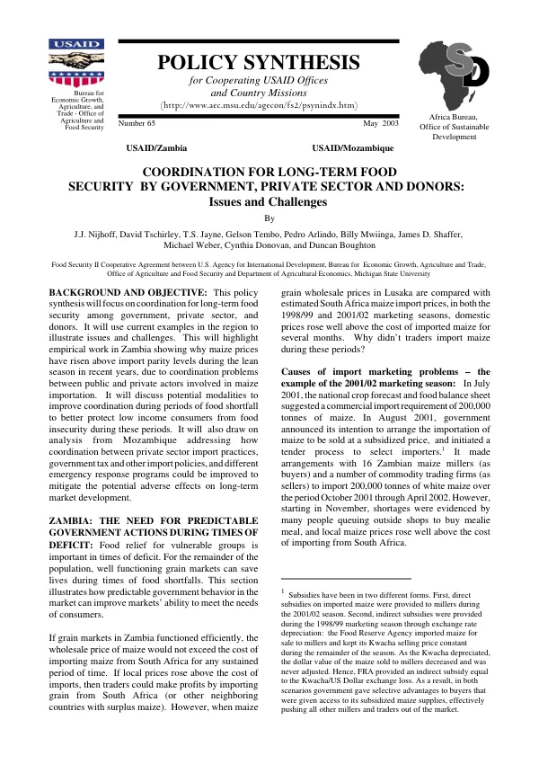 Coordination for long-term food security by government, private sector and donors : issues and challenges