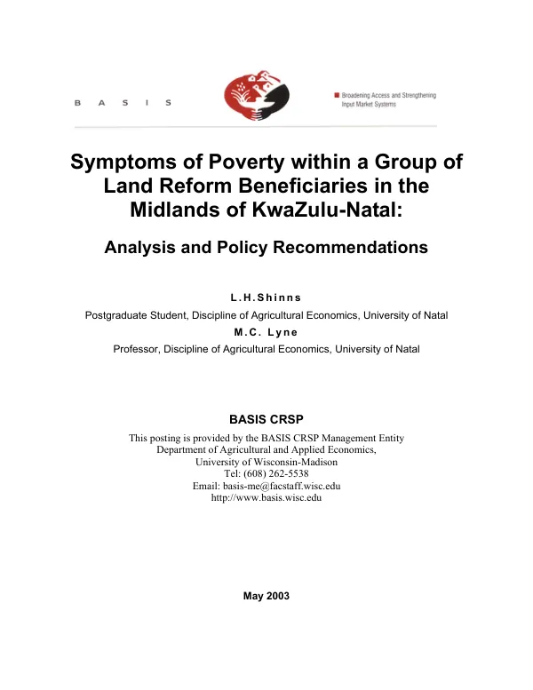 Symptoms of poverty within a group of land reform beneficiaries in the midlands of KwaZulu-Natal : analysis and policy recommendations