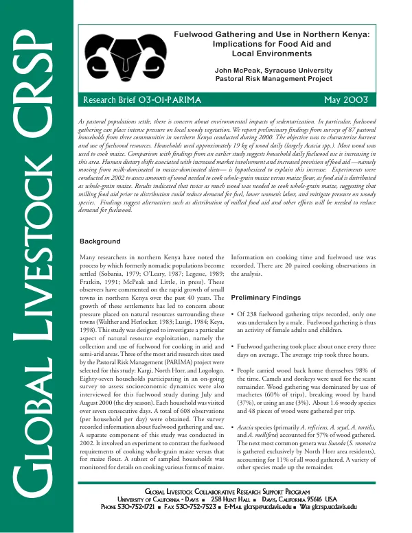 Fuelwood gathering and use in Northern Kenya : implications for food aid and local environments