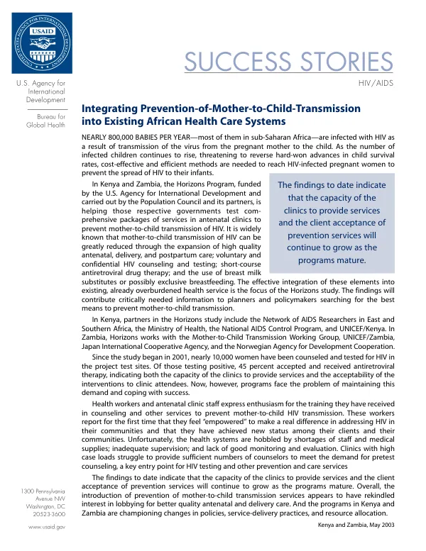 Integrating prevention-of-mother-to-child-transmission [of HIV] into existing African health care systems