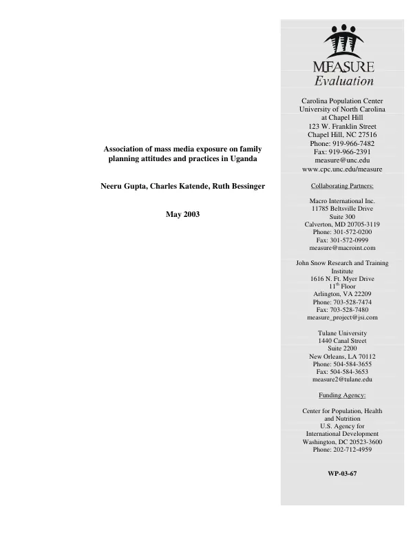 Association of mass media exposure on family planning attitudes and practices in Uganda