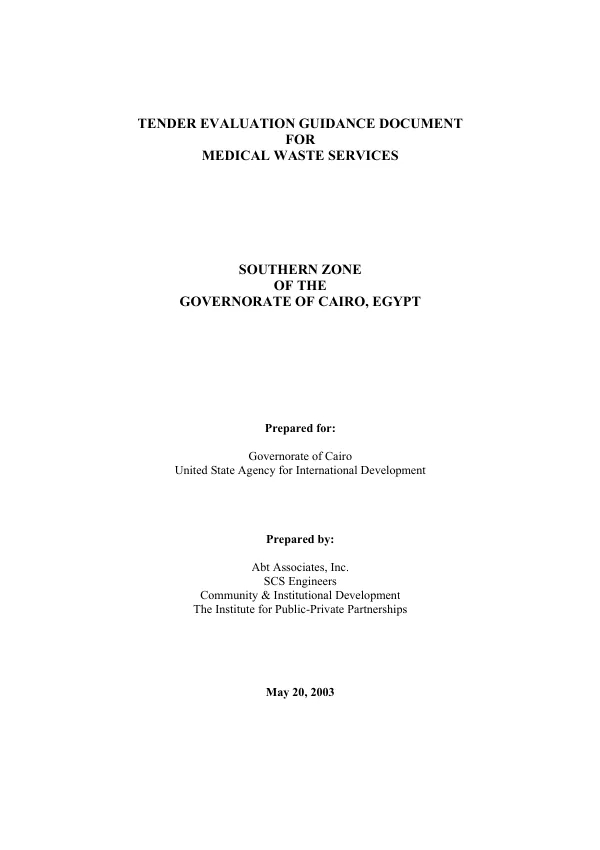 Tender evaluation guidance document for medical waste services : Southern zone of the Governorate of Cairo, Egypt