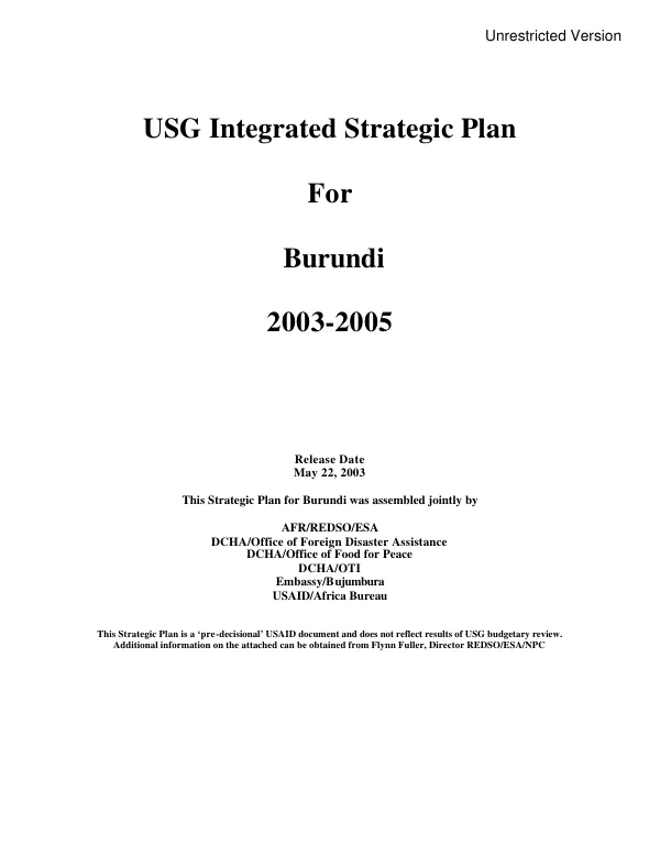 USG integrated strategic plan for Burundi 2003-2005