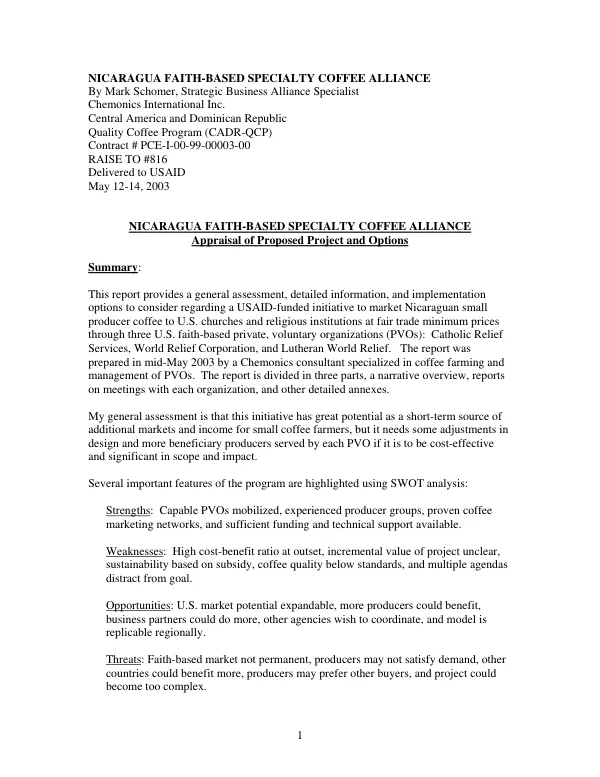 Nicaragua faith-based specialty coffee alliance : appraisal of proposed project and options