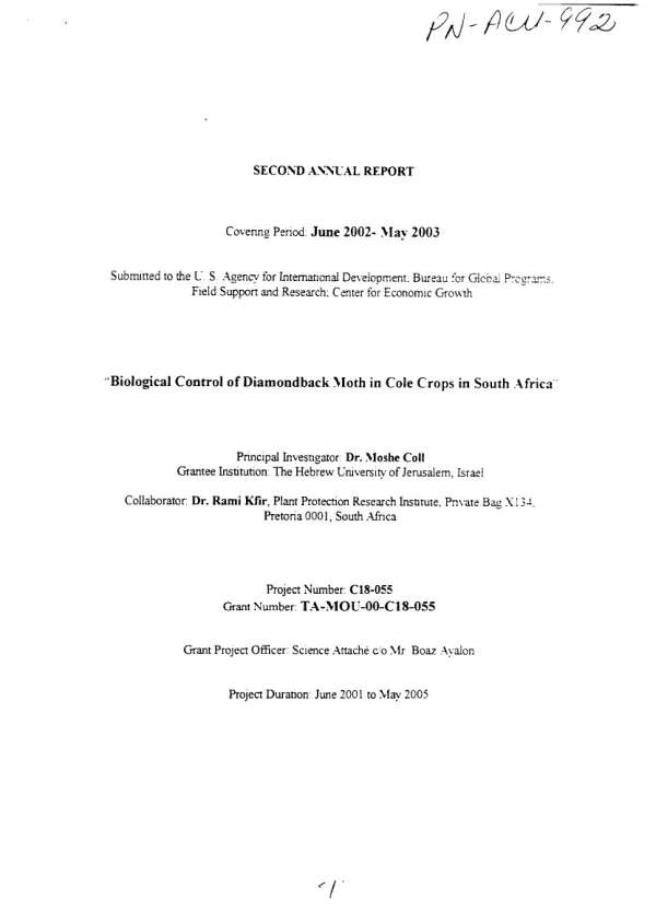 Second annual report covering period June 2002-May 2003 : biological control of diamondback moth in cole crops in South Africa