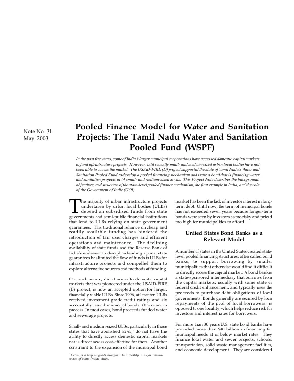 Pooled finance model for water and sanitation porjects : the Tamil Nadu Water and Sanitation Pooled Fund (WSPF)