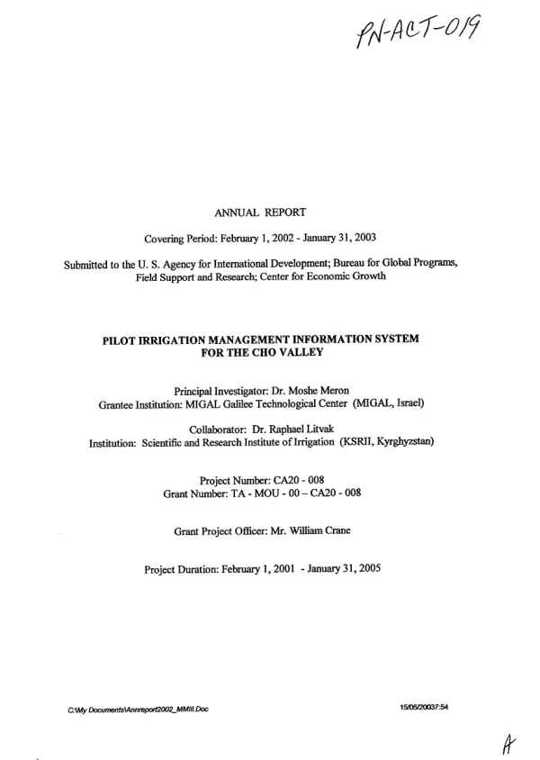 Annual report covering period : February 1, 2002-January 31, 2003 -- pilot irrigation management information system for the Cho [ = Chu] Valley[, Kyrgyzstan]