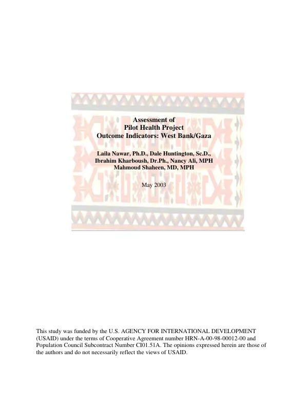 Assessment of pilot health project outcome indicators : West Bank/Gaza [-- final report]