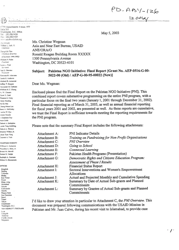 Pakistan NGO initiative [PNI] : final report -- grant no. AEP-0516-G-00-5022-00 (old) [and] AEP-G-00-95-00022[-00] (new)