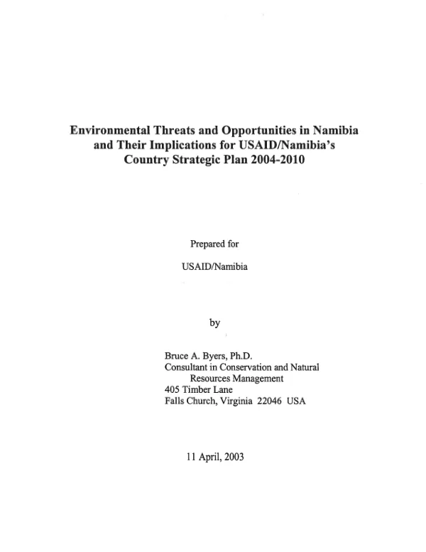 Environmental threats and opportunities in Namibia and their implications for USAID/Namibia"s country strategic plan 2004-2010