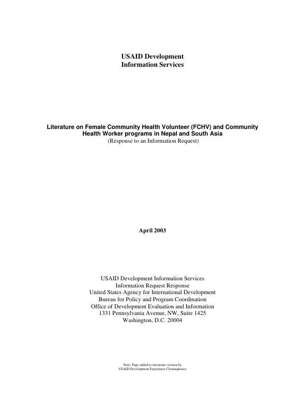 Literature on female community health volunteer (FCHV) and community health worker programs in Nepal and South Asia