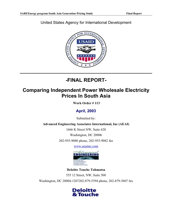 Final report : comparing independent power wholesale electricity prices in South Asia