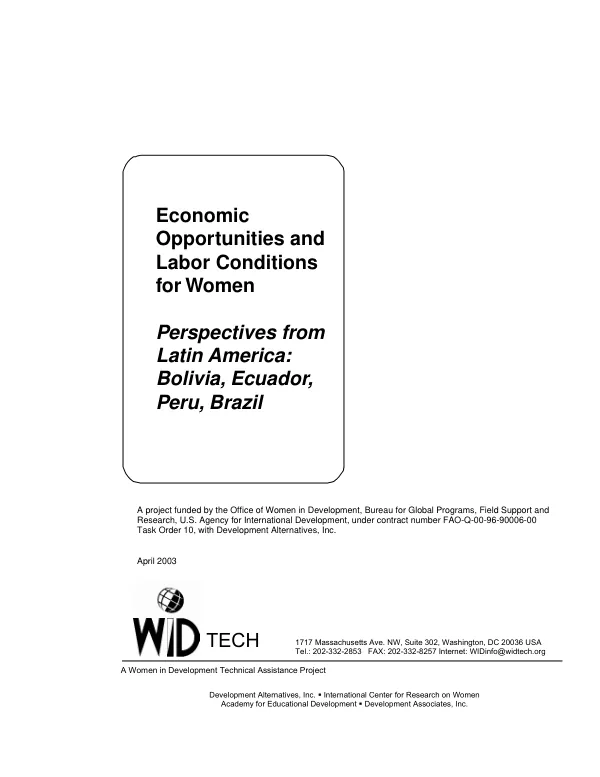 Economic opportunities and labor conditions for women : perspectives from Latin America -- Bolivia, Ecuador, Peru, Brazil