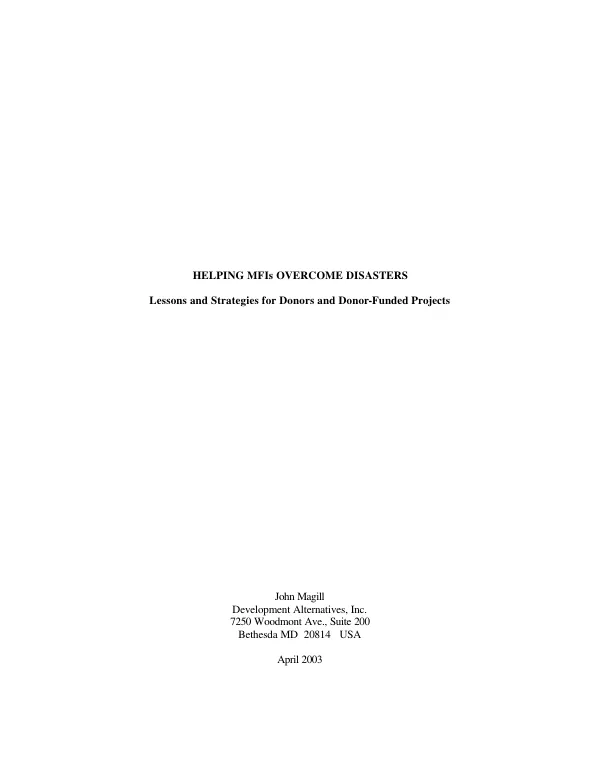 Helping MFIs overcome disasters : lessons and strategies for donors and donor-funded projects