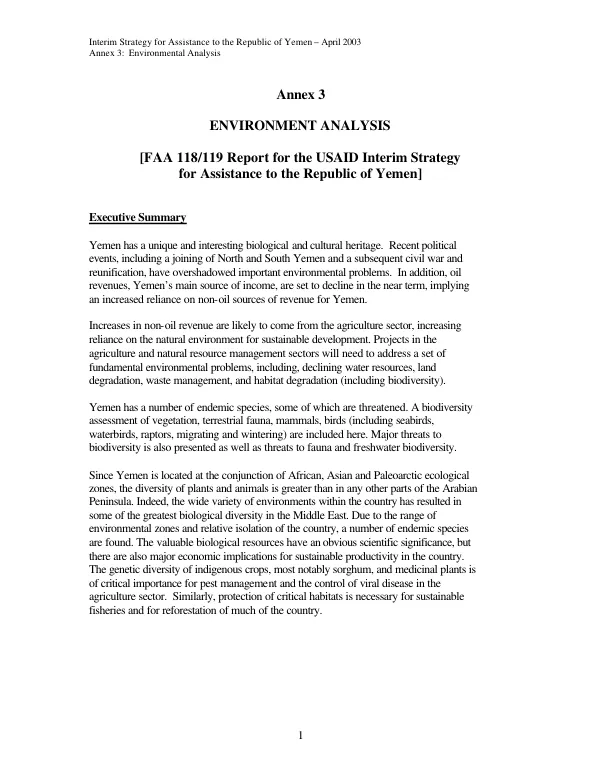 Environment analysis [FAA 118/119 report for the USAID interim strategy for assistance to the Republic of Yemen]