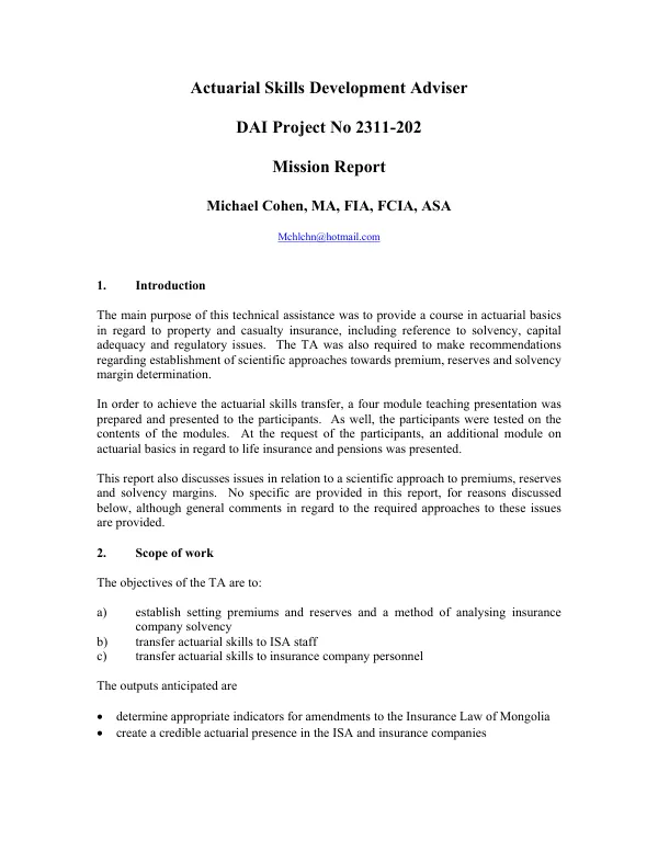 Actuarial skills development adviser : mission report