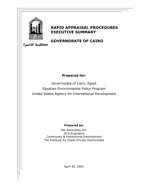 Rapid appraisal procedures : executive summary -- Governorate of Cairo[, Egypt]