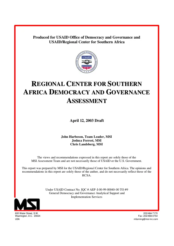 Regional Center for Southern Africa democracy and governance assessment [draft]
